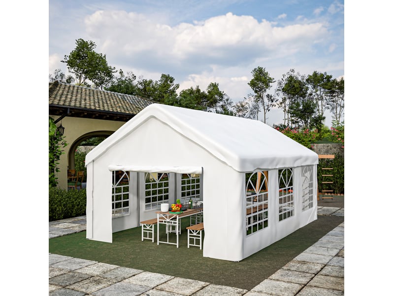  Garage automobile 4 x 6 m blanc avec portes enroulables avant et arrière, abri pe à structure en acier renforcée  - Conforama B