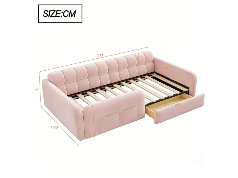  Lit enfant rembourré 90x200 cm avec tiroir et veilleuse, lit plateforme avec port de charge, garde-corps hauts et tête de lit canapé, velours, rose OPULERANE TRADING LTD - Conforama C