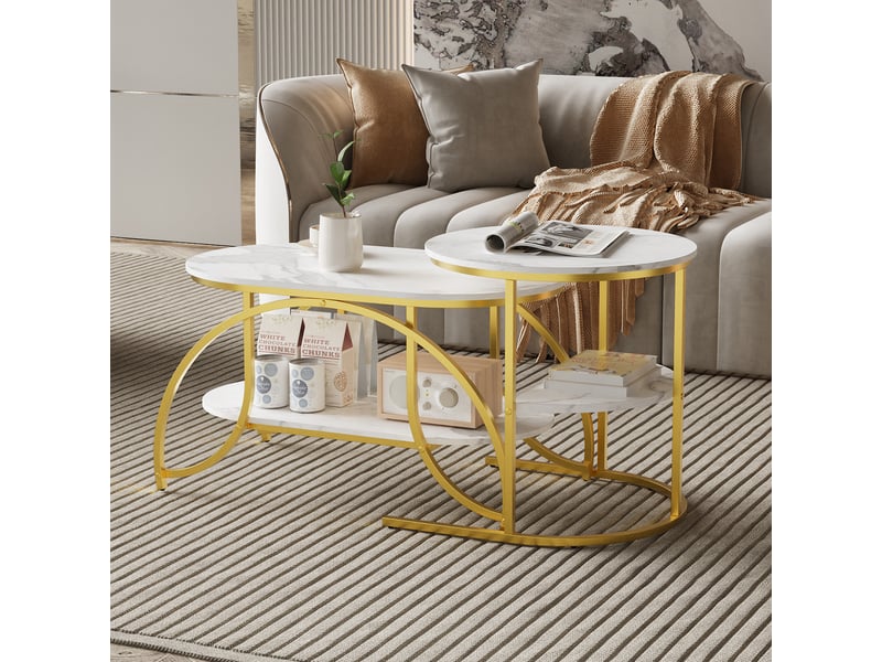  Table basse de salon , lot de 2 tables basses gigognes , pieds en métal , table d'appoint en marbre ,doré , ronde,80 x 46 x 45 cm  - Conforama B