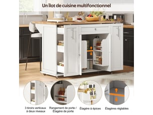 Îlot de cuisine roulant extensible 120 x 4570 x 89 cm avec plateau rabattable, rangement + 3 tiroirs, mdf, blanc et bois