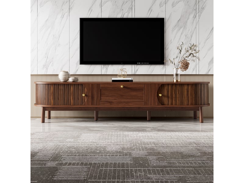 Meuble tv bois massif noyer 170 cm avec tiroirs et portes coulissantes, design moderne pour salon - Conforama R