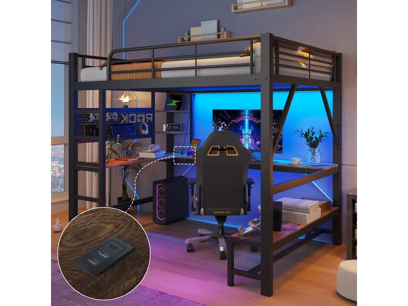  Lit mezzanine 160 x 200 cm – avec bureau -  barrières de sécurité et échelle – avec ports usb et type-c – avec éclairage led – noir (matelas non inclus)  - Conforama E
