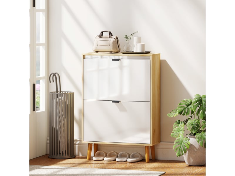  Meuble à chaussures, armoire à chaussures étroite, 2 tiroirs rabattables, portes haute brillante, 60x24x91cm, blanc  - Conforama B