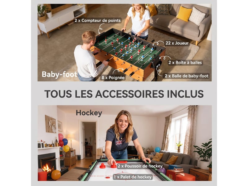  Table multijeux 5 en 1 babyfoot billard air hockey ping-pong et basket accessoires 134x108x144cm marron noyer  - Conforama W
