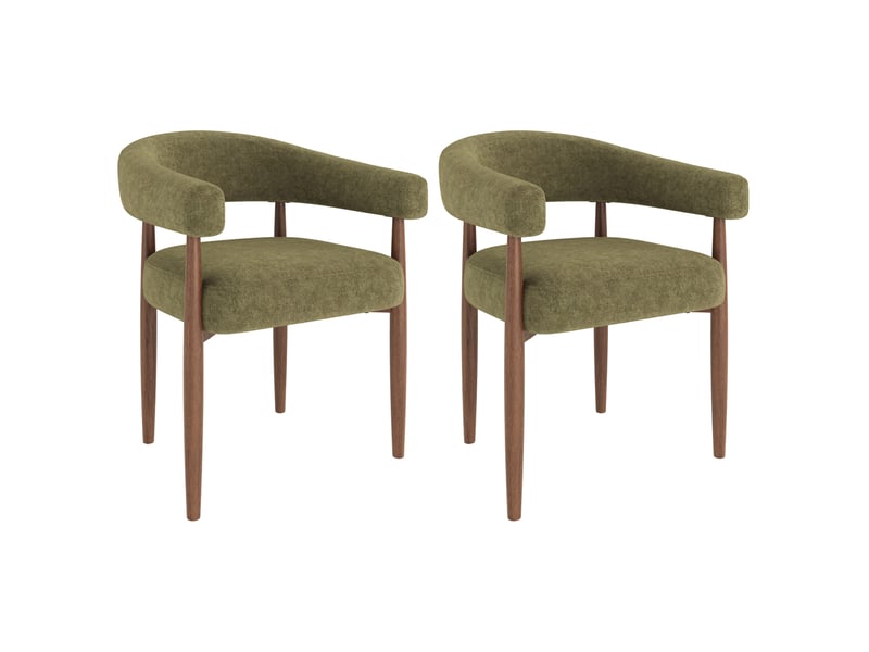 Lot de 2 chaises de salle à manger avec accoudoirs, chenille vert olive et aspect noyer - Conforama A