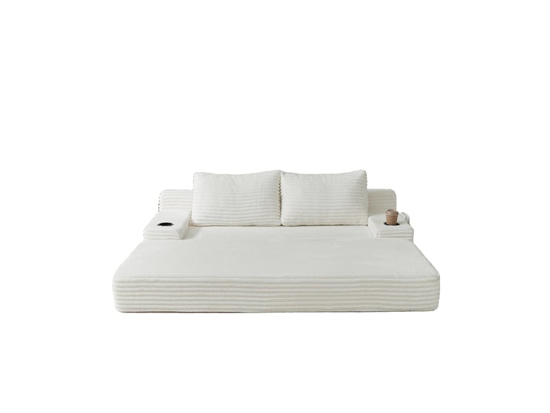  Canapé 2 places convertible - 180x170x62cm - canapé lit pliant 2 en 1 velours côtelé, porte-gobelets, poches - blanc  - Conforama A