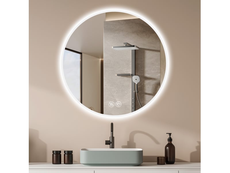  Miroir de salle de bains led rond 70 cm argenté, verre et métal, éclairage tactile réglable anti-buée  - Conforama D