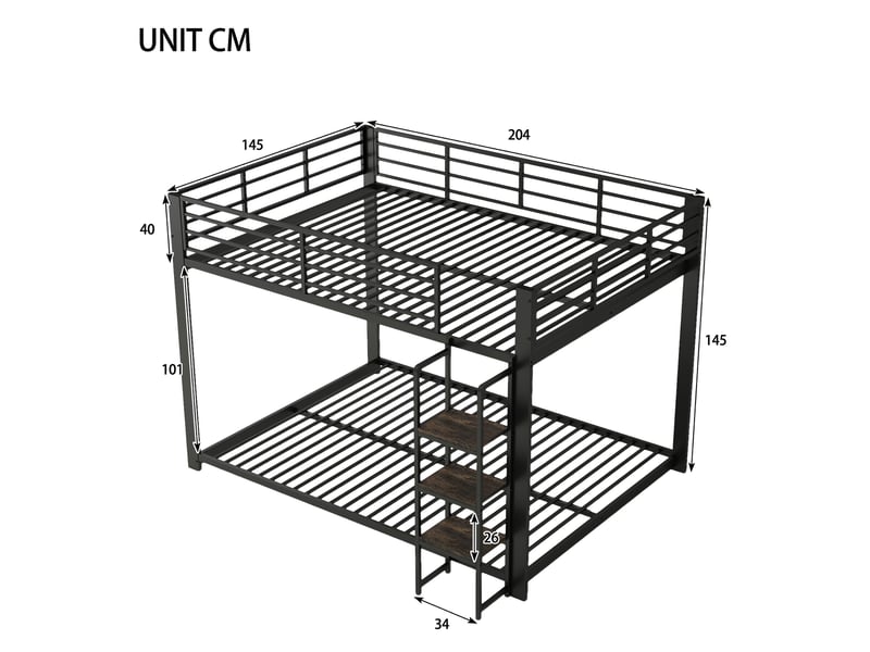  Lit superposé 140x200cm - lit double enfant en métal avec échelle à marches en bois - barrière de sécurité haut - noir  - Conforama E