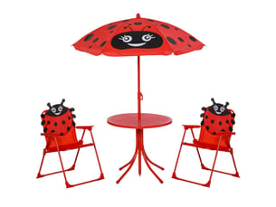 Ensemble salon de jardin enfant 4 pcs design coccinelle - table ronde + 2 chaises pliables + parasol - métal époxy oxford rouge