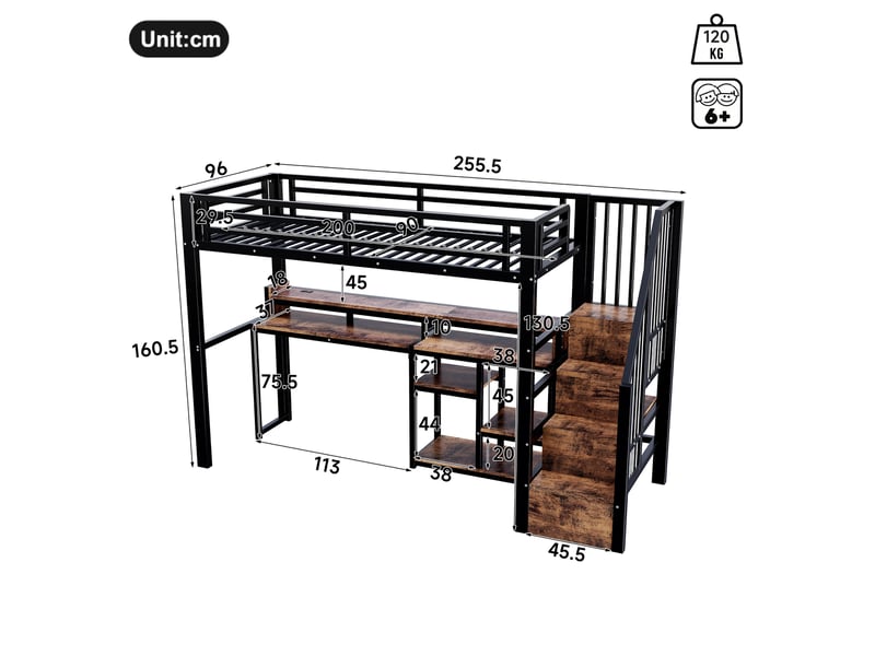  Lit mezzanine 90x200 cm, usb + type-c, avec éclairage led, avec bureau, espaces de rangement, garde-corps métal mdf noir, sans matelas  - Conforama C