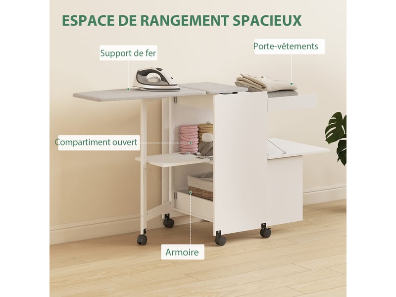  Meuble à repasser, table à repasser pliante sur roulettes avec portes par pression, blanc, charnières à fermeture douce  - Conforama E