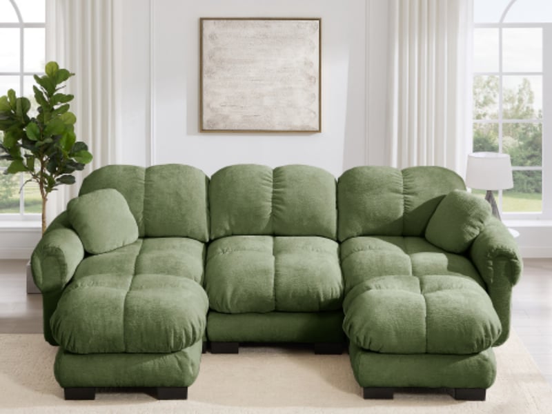  Canapé modulable en u 3 places, avec 2 poufs mobiles, 260 x 149 x 90 cm, chenille vert  - Conforama B
