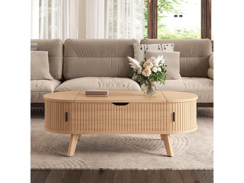  Table basse relevable ovale 110 x 50 x 53,5 cm avec plateau relevable, grand rangement caché et 2 portes coulissantes, mdf, naturel OMNIGLINT TRADING LTD - Conforama C