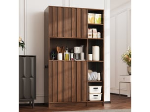 Buffet de cuisine haut avec 2 portes et étagères ouvertes, led rvb et prises pour cuisine et salle à manger en mdf noyer