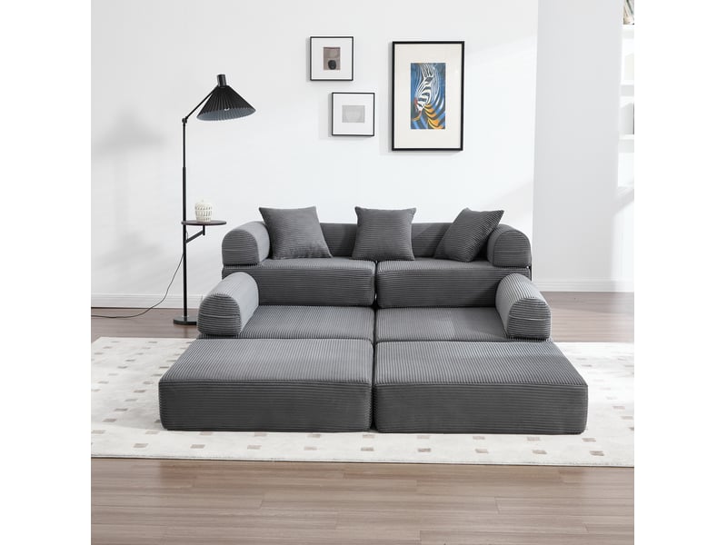  Canapé d'angle 4 places moderne 270x180x64 cm, stockage, poches, modulable à volonté, en velours côtelé, gris foncé  - Conforama D