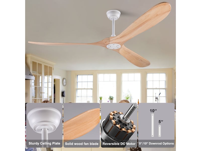  Ventilateur de plafond 183 cm sans éclairage bois massif blanc et naturel 6 vitesses télécommande silencieux minuterie et mémoire  - Conforama C