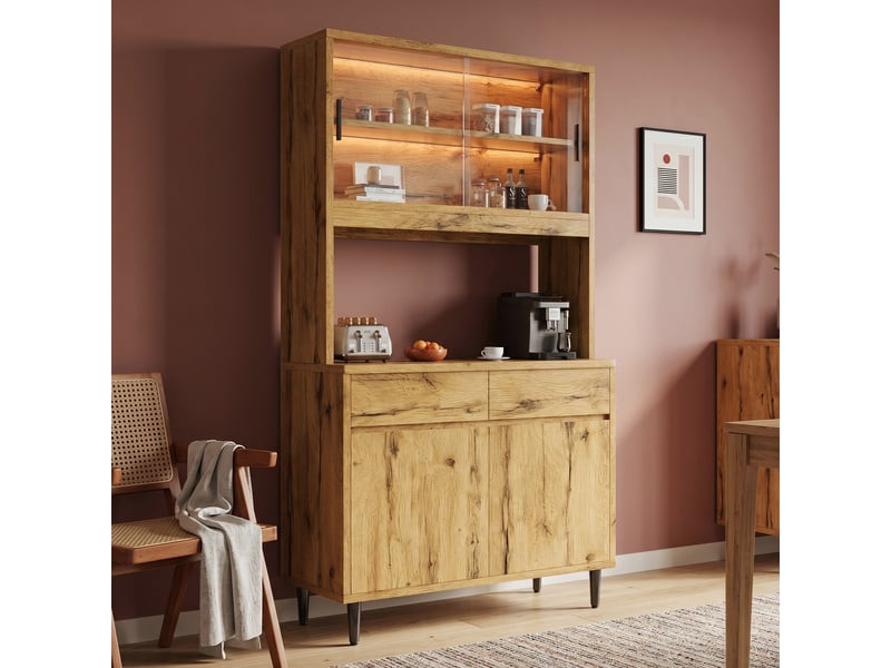  Armoire de cuisine salle à manger vaisselier scandinave chêne avec led et prises usb meuble de rangement portes vitrées  - Conforama E