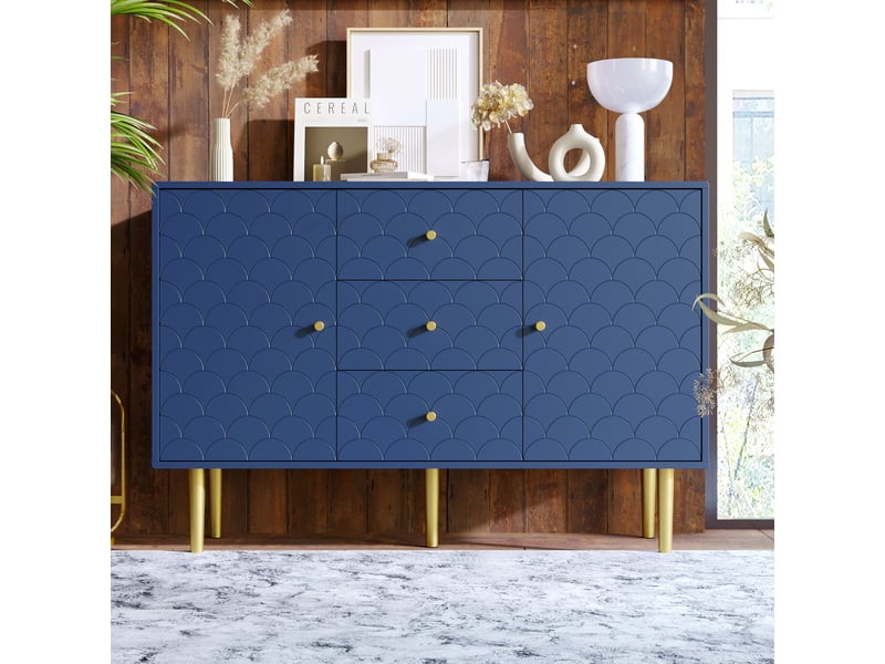 Buffet bahut salle à manger salon, 2 portes, 3 tiroirs, grand rangement, style élégant, 120x40x83 cm - bleu marine - Conforama B