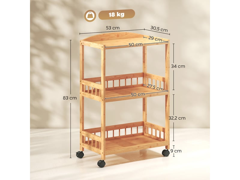  Chariot de cuisine roulant à 3 niveaux avec rangement et étagères en bois naturel pour cuisine salle de bain ou bureau  - Conforama C