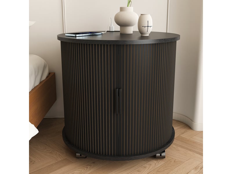  Table de chevet ronde, station de charge, porte coulissante et rangement, meuble nuit, rangement pratique, mdf, noir  - Conforama B