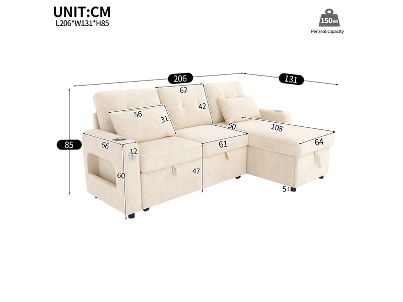  Canapé d'angle réversible convertible avec coffre, led, ports usb et usb-c, porte-gobelets, en chenille beige  - Conforama D