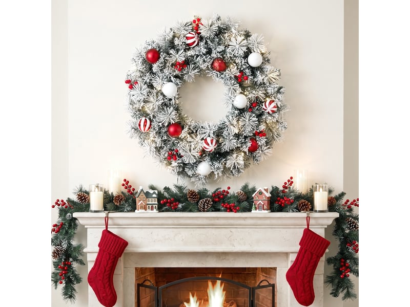  Couronne de noël led enneigée décorée dia. 60cm 50leds blanc chaud  - Conforama D