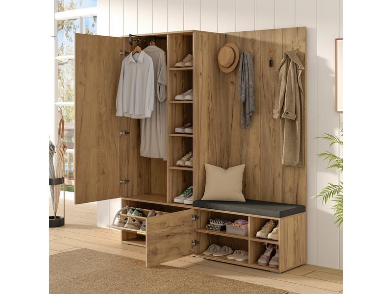  Vestiaire mural, portes pliantes, tringle extensible, miroir et banc à chaussures, 4 crochets, 125×36×190 cm, couleur bois N657P50643567N - Conforama D