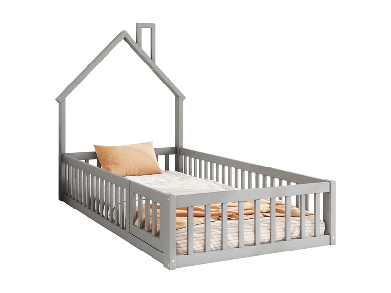  Lit cabane enfant 90x200 gris, lit avec forme de cheminée et barrières de sécurité, sommier à lattes inclus, bois de pin  - Conforama W