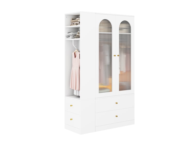  Armoire de chambre - 2 portes vitrées à battantes - 4 tiroirs et 2 tringles - 120 x 50 x 200 cm - blanc  - Conforama A