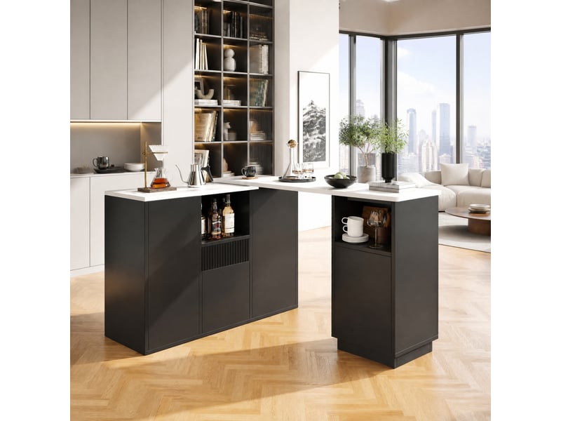  Meuble bar pivotant avec rangements ouverts et fermés, plateau effet marbre, pour cuisine et salon, en mdf noir  - Conforama C