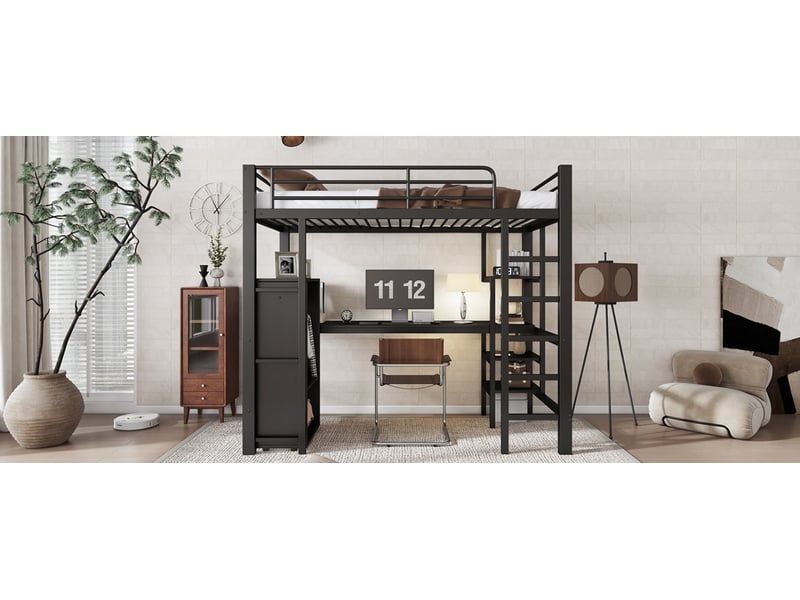  Lit superposé en métal noir 90x200 cm avec bureau armoire et 5 marches en fer et panneaux de particules pour enfants et adolescents Sol Morn - Conforama D