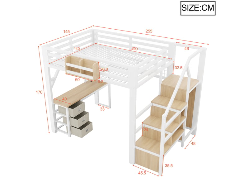  Lit mezzanine enfant 140 x 200 cm avec bureau, rangements, armoire et led blanc  - Conforama E