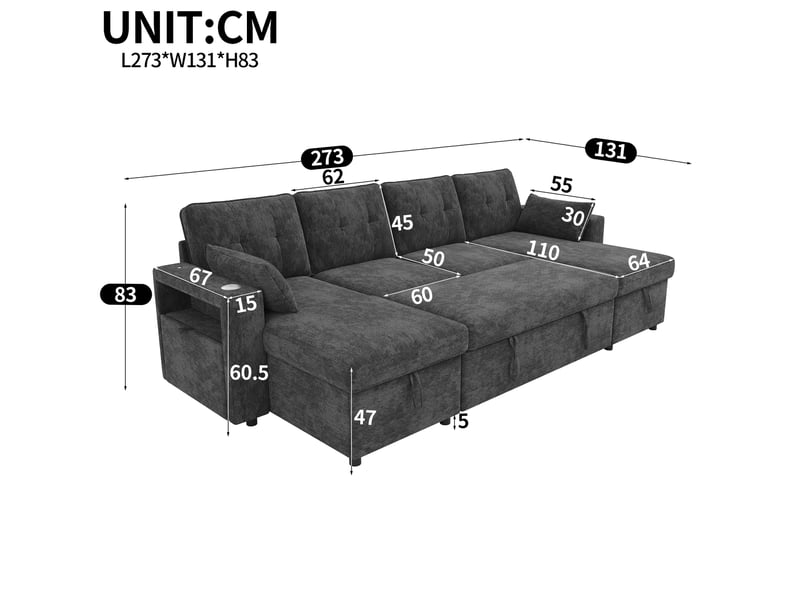  Canapé panoramique en u 4 places convertible avec rangements, ports usb, type c et led en chenille grise  - Conforama C