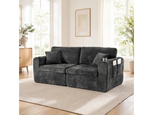 Canapé droit 2 places relax avec usb, porte-gobelet et poche latérale - avec coussins, chenille noire