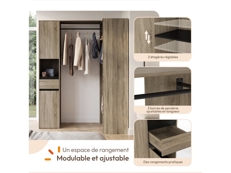 Dressing d'angle modulable l. 145 - 203 cm melman triple penderie + portes + tiroir + étagères bois et noir - Conforama D