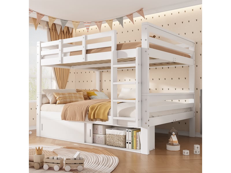 Lit superposé enfant 140x200 cm - 2 lits séparables, portes coulissantes et échelle - pin et mdf - blanc CozyNest - Conforama D