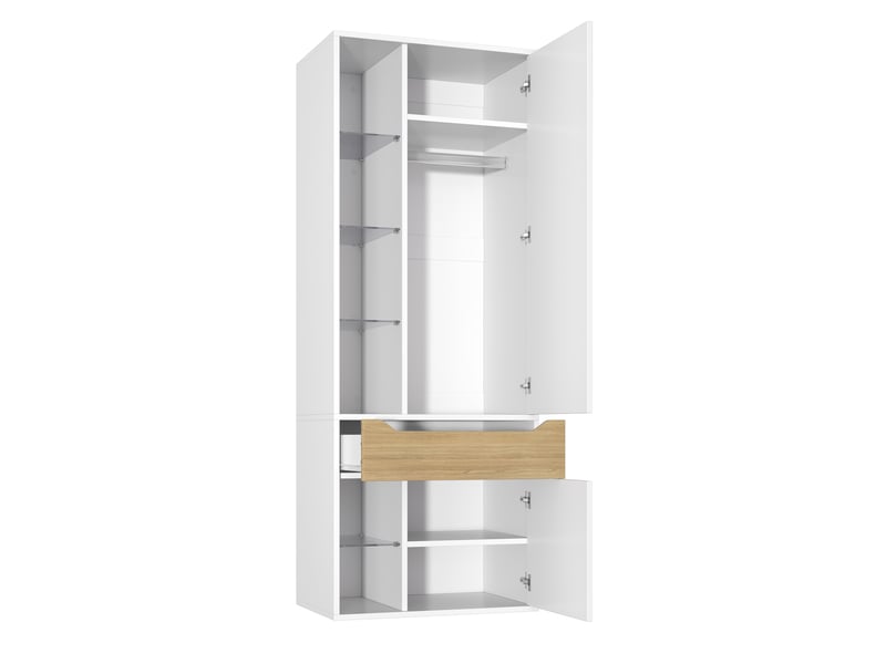 Armoire blanche avec led et vitrine en verre 75x50x200 cm - penderie mdf avec 1 tiroir et 6 étagères - Conforama R