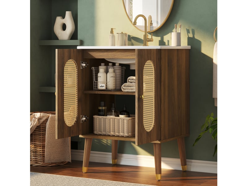  Meuble sous vasque avec 2 portes en rotin, 2 étagères fixes et vasque en céramique, noyer, 61 × 47 × 89 cm  - Conforama E