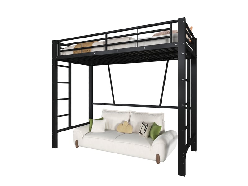  Lit mezzanine 90x200 cm en métal noir avec échelles des deux côtés, garde-corps et espace libre sous le lit.  - Conforama A