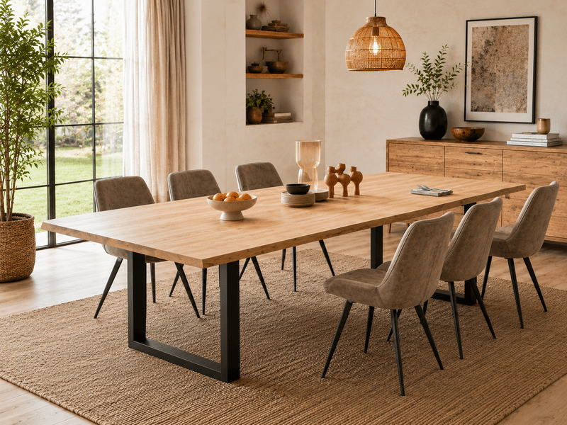  Table à manger avec bord irrégulier coloris chêne massif naturel et pieds en métal noir - longueur 220 x profondeur 100 x hauteur 76 cm  - Conforama B