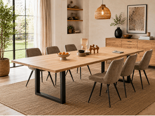 Table à manger avec bord irrégulier coloris chêne massif naturel et pieds en métal noir - longueur 220 x profondeur 100 x hauteur 76 cm