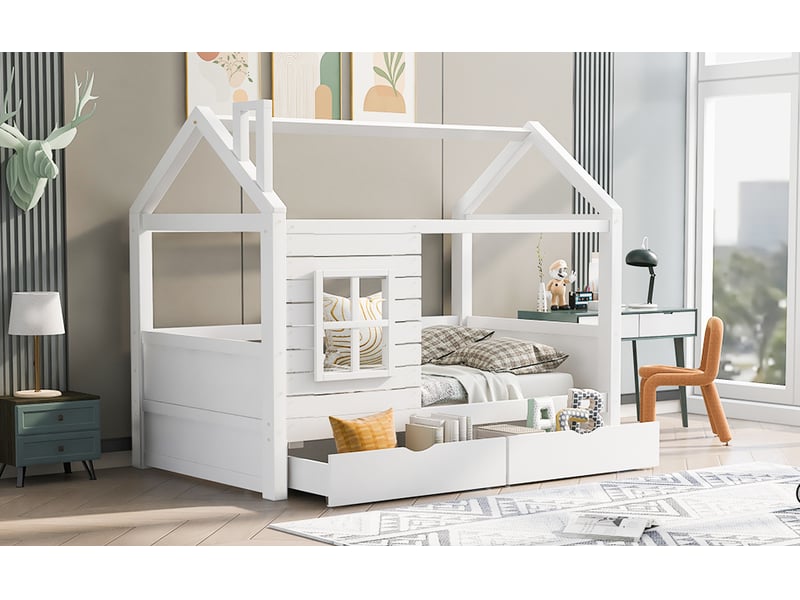  Lit cabane 90 × 200 cm, fenêtres, barrières latérales et 2 tiroirs sur roulettes, sommier à lattes, pin massif, blanc  - Conforama B