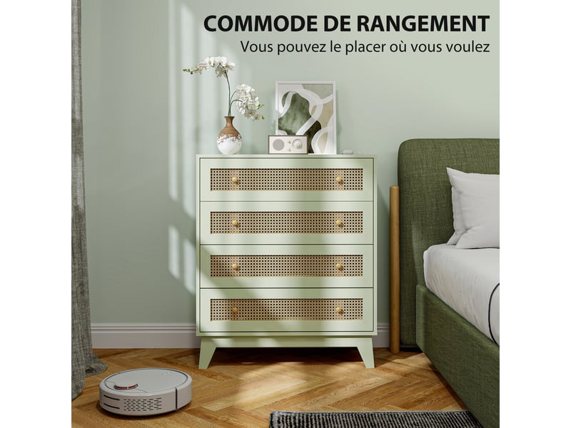  Commode 4 tiroirs meuble de rangement cannage en rotin aspect bois clair vert 80 x 35 x 95 cm  - Conforama A