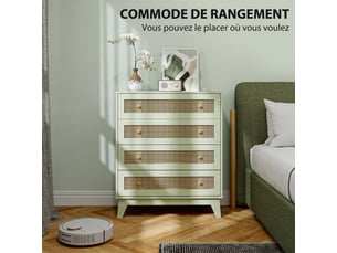 Commode 4 tiroirs meuble de rangement cannage en rotin aspect bois clair vert 80 x 35 x 95 cm