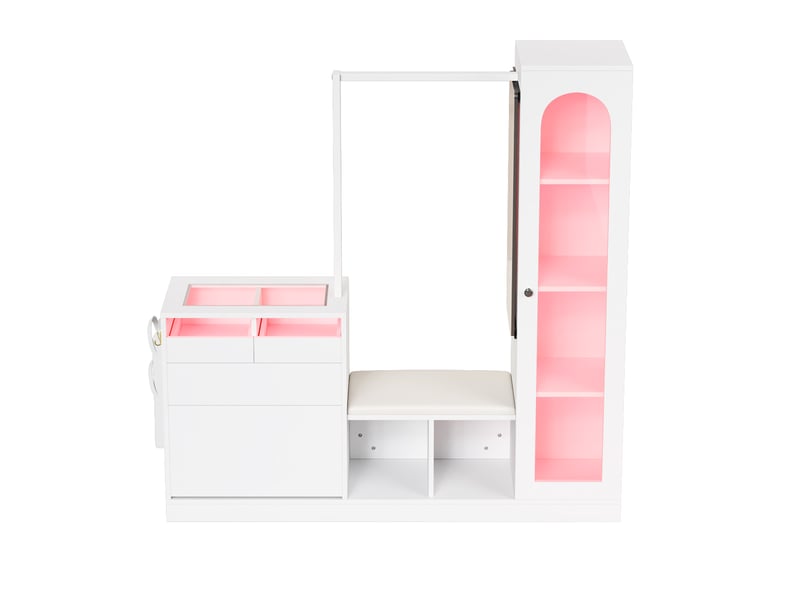  Combinaison d'entrée 6 en 1, ensemble armoire, coiffeuse avec tringle à vêtements, banc à chaussures et armoire à chaussures pliante, vitrine en GL06123W - Conforama C