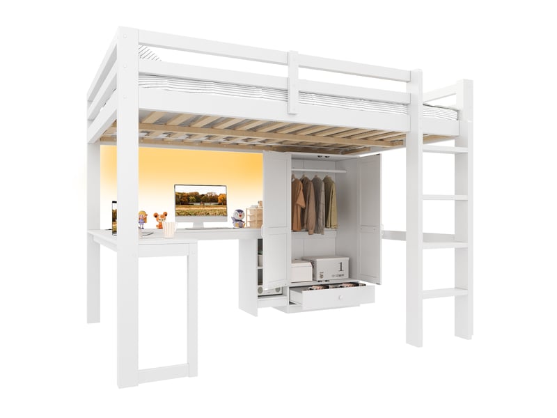  Lit mezzanine 90 x 200 cm, lit enfant surélevé, 1 tiroir, placard intégré, bureau intégré, étagères ouvertes, éclairage led, bois massif, blanc Morn Vibe - Conforama A