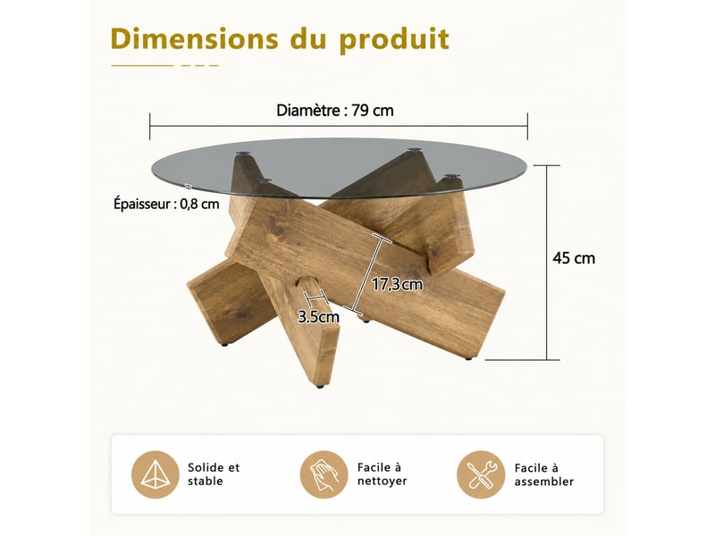  Table basse ronde en verre, diametre 79 cm hauteur 45 cm, table de salon moderne avec pietement geometrique aspect bois  - Conforama C