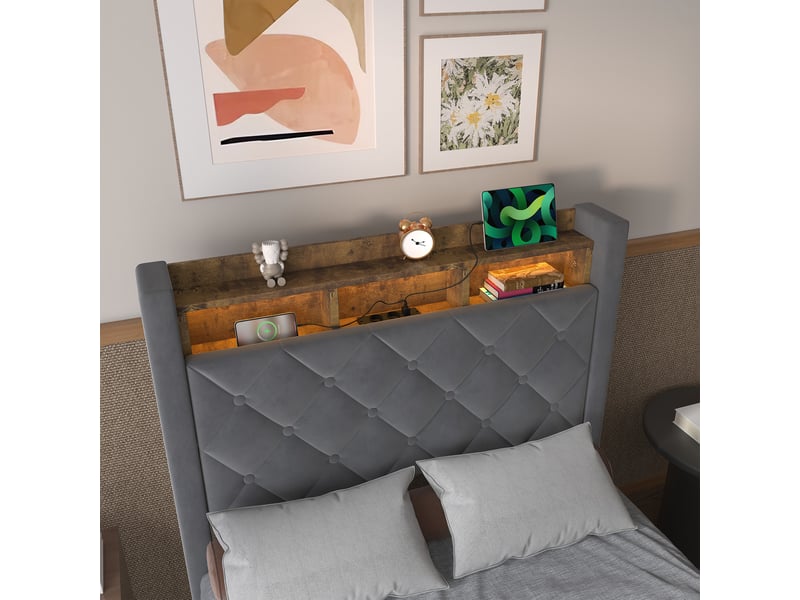  Lit rembourré 1 place 90 x 200 cm en velours avec usb, 2 prises et led réglable, cadre métallique, gris, sans matelas  - Conforama E