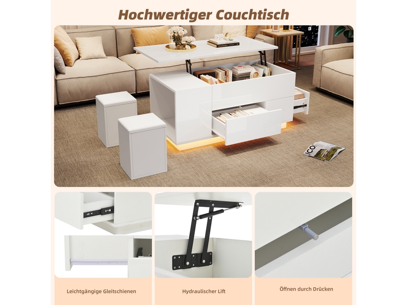  Table basse relevable avec 2 tiroirs, éclairage led et 2 tabourets de rangement, en panneau de particules blanc  - Conforama E