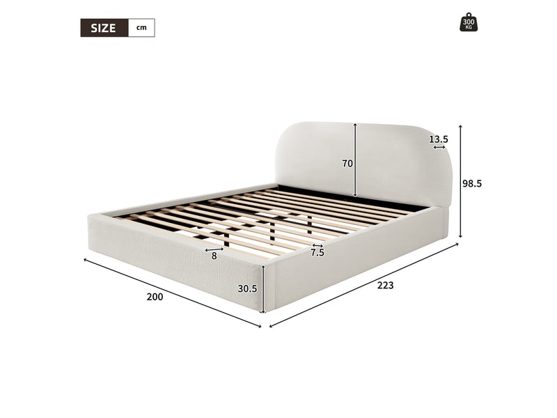  Lit rembourré 180x200 cm, tête de lit rembourrée 13,5 cm, coins arrondis, cadre encastré, sommier à lattes, bouclé - beige  - Conforama E